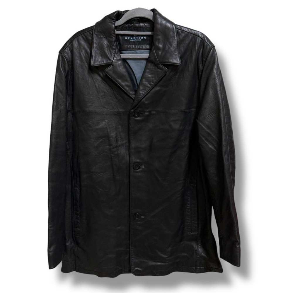Reaction Kenneth Cole Mens Black Genuine Leather‎ Button Front Blazer Jacket L